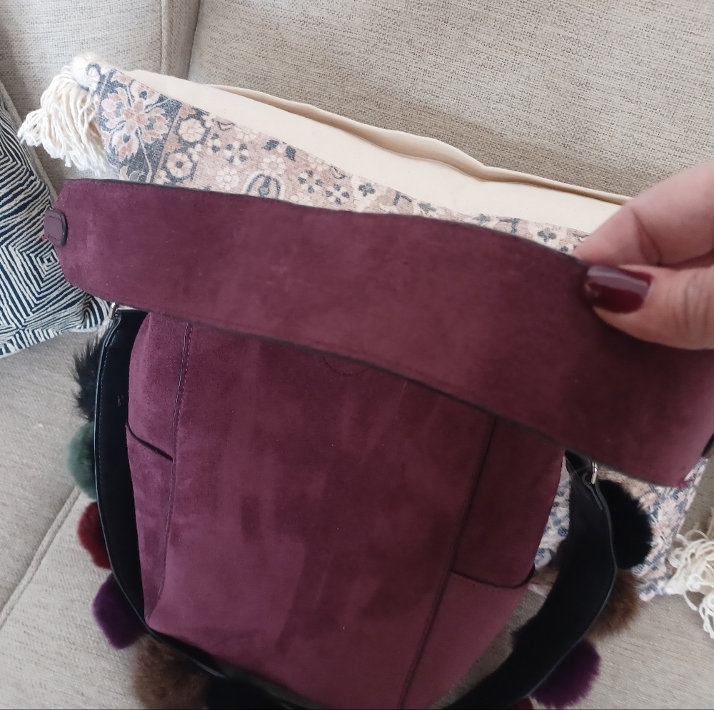 Purple Suede Shoulder Bag with Pom-Pom Strap - Picture 6 of 9